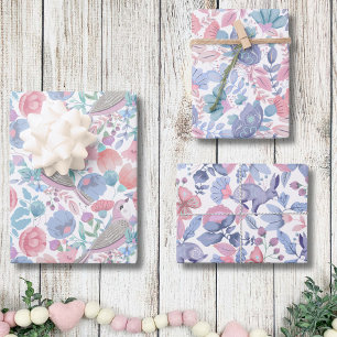 Floral Watercolor Pattern Cute Pink Blue Botanical Wrapping Paper Sheet