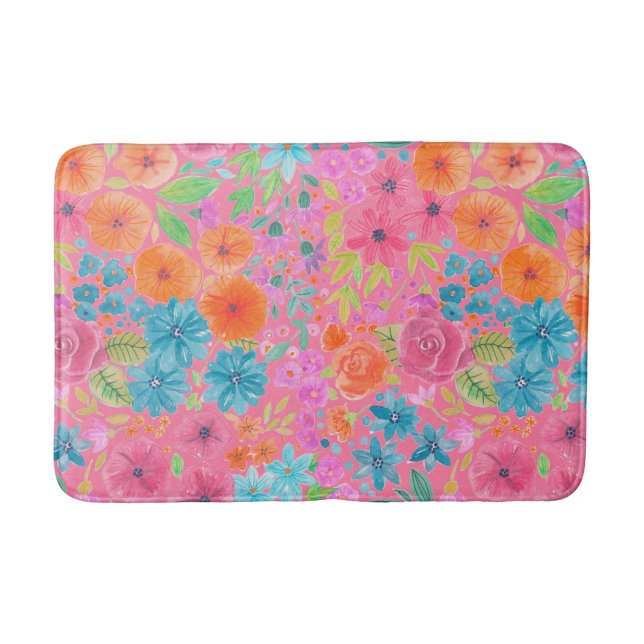 Floral watercolor pattern in pink bath mat (Front)