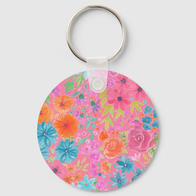 Floral watercolor pattern in pink keychain (Front)