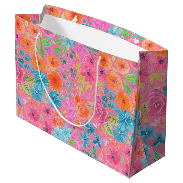 Floral watercolor pattern in pink large gift bag (Back Angled)