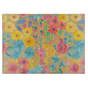 Floral watercolor pattern in yellow cutting board