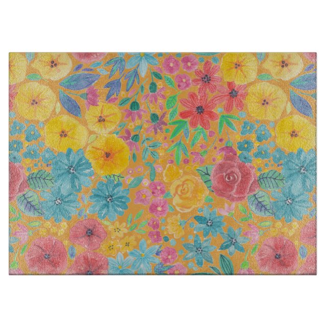 Floral watercolor pattern in yellow cutting board (Front)
