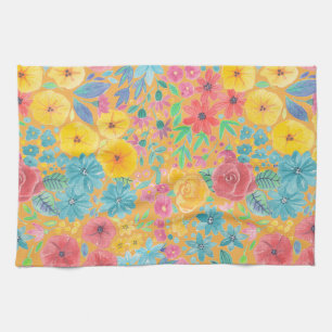 Floral watercolor pattern in yellow kitchen towel