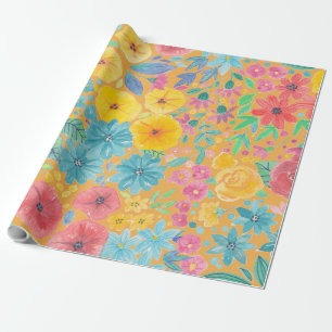 Floral watercolor pattern in yellow wrapping paper