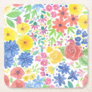 Floral watercolor pattern square paper coaster