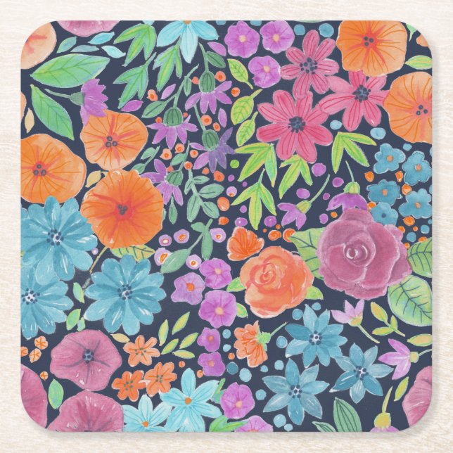 Floral watercolor pattern square paper coaster (Front)