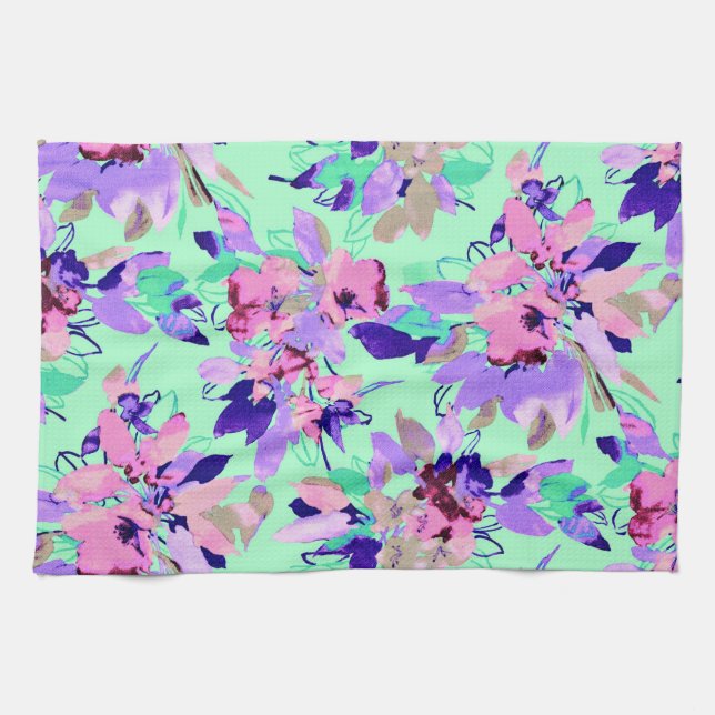 Floral watercolor pattern teal purple pink kitchen towel (Horizontal)