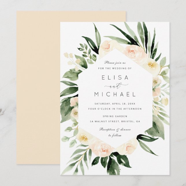 Floral Watercolor Peach Blush Modern Minimal Invitation (Front/Back)