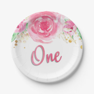 Floral Watercolor Peonies One First Birthday Paper Plate
