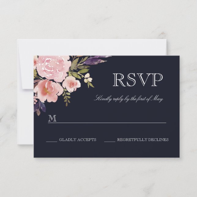 Floral Watercolor Peonies Pink Navy RSVP (Front)
