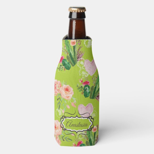 Floral watercolor Personalized Cactus Bottle Cooler (Bottle Front)