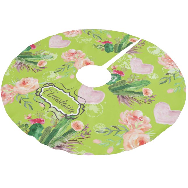Floral watercolor Personalized Cactus Brushed Polyester Tree Skirt (Angled)