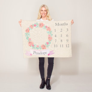 Floral Watercolor Personalized Milestone Baby Fleece Blanket