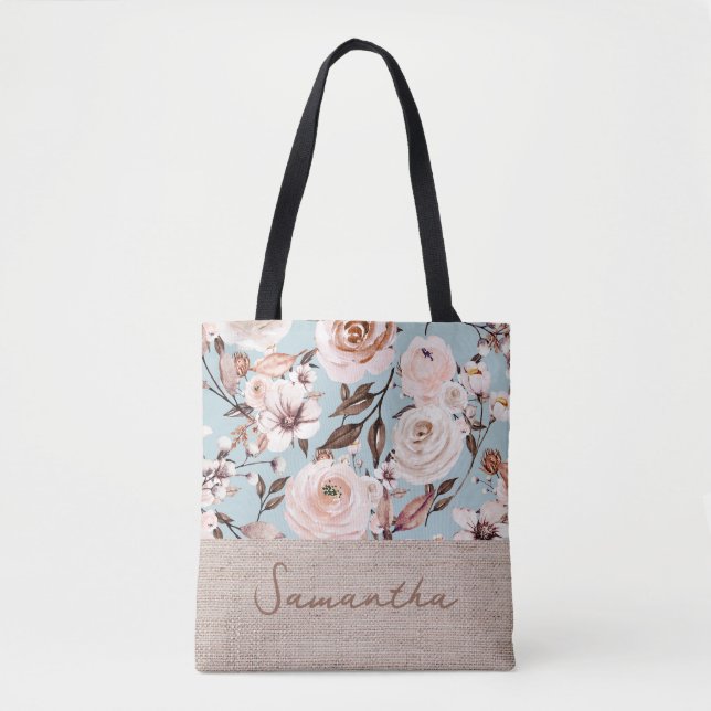 Floral Watercolor Personalized Name Tote Bag (Front)