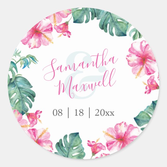 Floral Watercolor Pink and Green Favour Stickers (Front)