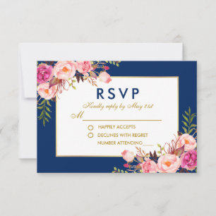 Floral Watercolor Pink Blue Gold RSVP Wedding Card