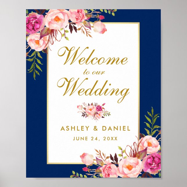 Floral Watercolor Pink Blue Gold Wedding Welcome Poster (Front)
