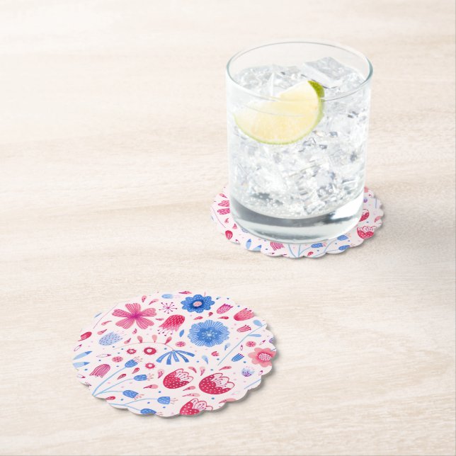 Floral Watercolor Pink Blue Paper Coaster (Insitu)