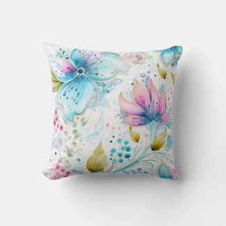 Floral Watercolor Pink & Blue Throw Pillow