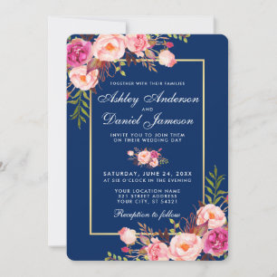 Floral Watercolor Pink Blue Wedding B Invitation