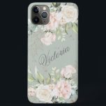 Floral Watercolor Pink Green Gold Personalize iPhone 11 Pro Max Case<br><div class="desc">Elegant gold leaves with pink blush watercolor flowers on a sage green background.  Add your name to make this phone case beautiful.  This phone case is perfect for you. So chic and sophisticated. Zazzle guarantees 100% customer service and satisfaction.</div>