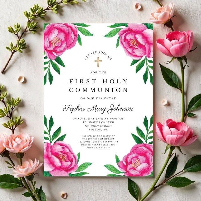 Floral Watercolor Pink Peonies First Communion Invitation (Floral Watercolor Pink Peonies First Communion Invitation)