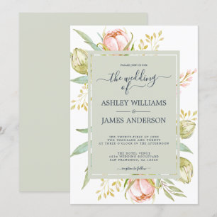Floral Watercolor Pink Peony Rustic Boho Wedding Invitation