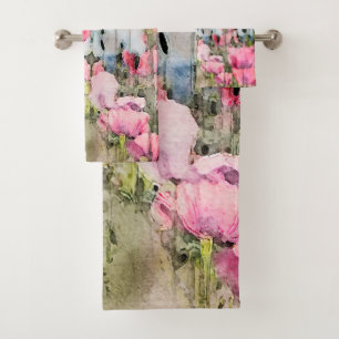 Floral Watercolor Pink Poppy Flowers Bath Towel Set
