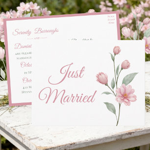 Floral Watercolor Pink Sage Just Married Wedding Announcement Postcard