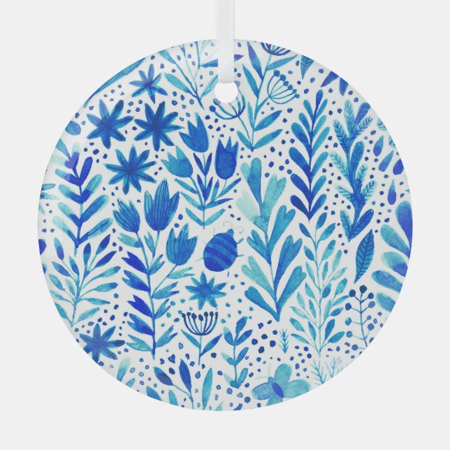 Floral Watercolor Plants Seamless Texture Glass Ornament (Front)
