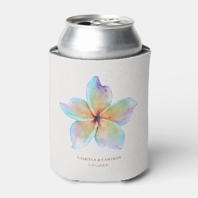 Floral Watercolor Plumeria Terracotta Wedding Can Cooler (Can Front)