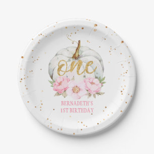 Floral Watercolor Pumpkin First Birthday Paper Pla Plate