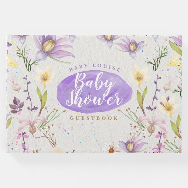 Floral Watercolor Purple Personalized Baby Shower Guest Book (Front)