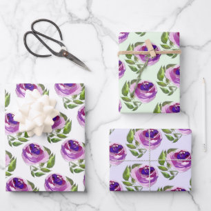 Floral Watercolor Purple Roses Pattern Wrapping Paper Sheet