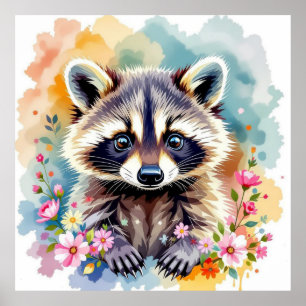 Floral Watercolor Raccoon Poster