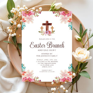 Floral Watercolor Religious Cross Easter Brunch Invitation