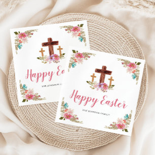 Floral Watercolor Religious Cross Happy Easter  Napkin