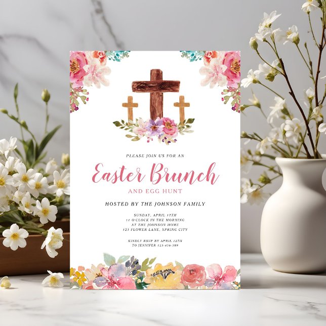 Floral Watercolor Religious Easter Brunch Egg Hunt Invitation (Floral Watercolor Religious Easter Brunch Egg Hunt Invitation)