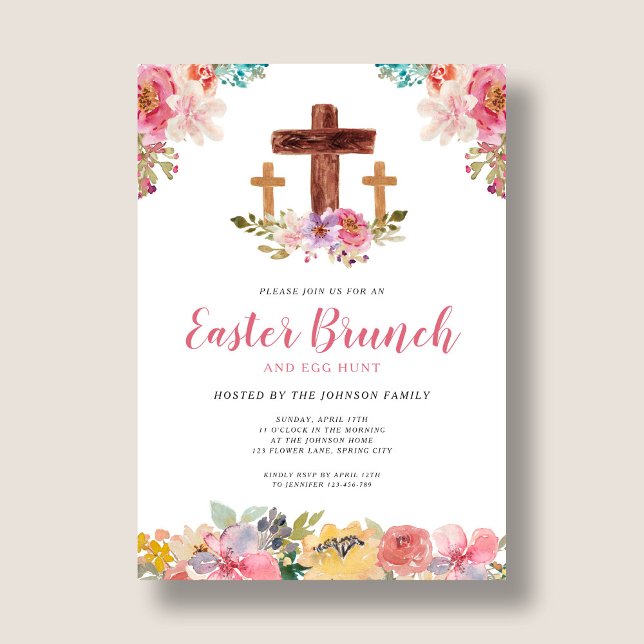 Floral Watercolor Religious Easter Brunch Egg Hunt Invitation (Floral Watercolor Religious Easter Brunch Egg Hunt Invitation)
