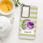 Floral Watercolor Rose Striped Add Your Name  Samsung Galaxy Case<br><div class="desc">This chic phone case design features horizontal lilac and green pastel stripes with a purple and greenery watercolor rose atop a stand out box for your name. Personalize the text or edit using the design tool to select a font style,  size,  or colour you like.</div>