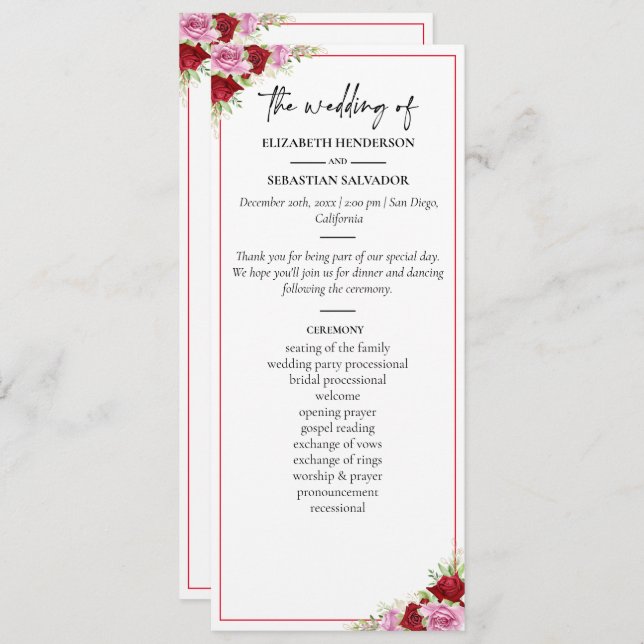 Floral Watercolor Rose Wedding Program (Front/Back)