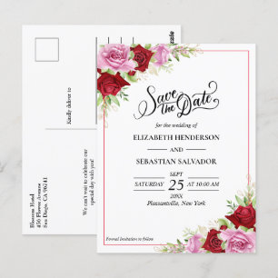 Floral Watercolor Rose Wedding Save The Date Postcard