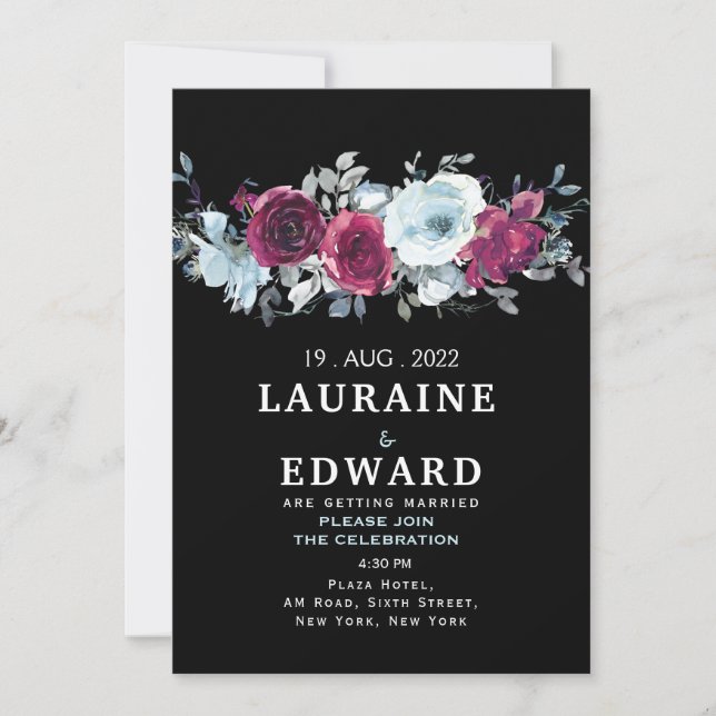 Floral watercolor roses peony black invitation (Front)