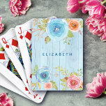 Floral watercolor rustic blue wood custom name playing cards<br><div class="desc">Add your sense of special style to game time with these beautiful, rustic, romantic, vintage floral custom name playing cards. Turquoise blue, red and orange watercolor flowers and navy blue typography overlay a light turquoise blue wood background. Add your name to personalize. Makes a fun and shabby chic statement every...</div>