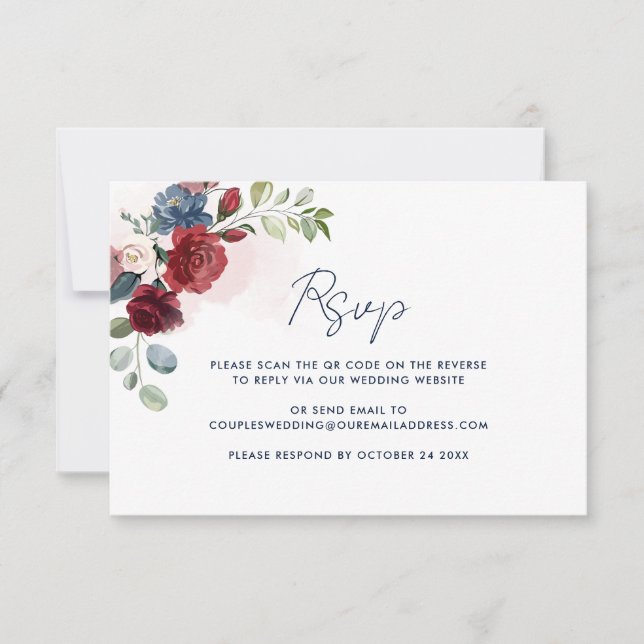 Floral Watercolor Script QR Code Wedding RSVP Card (Front)