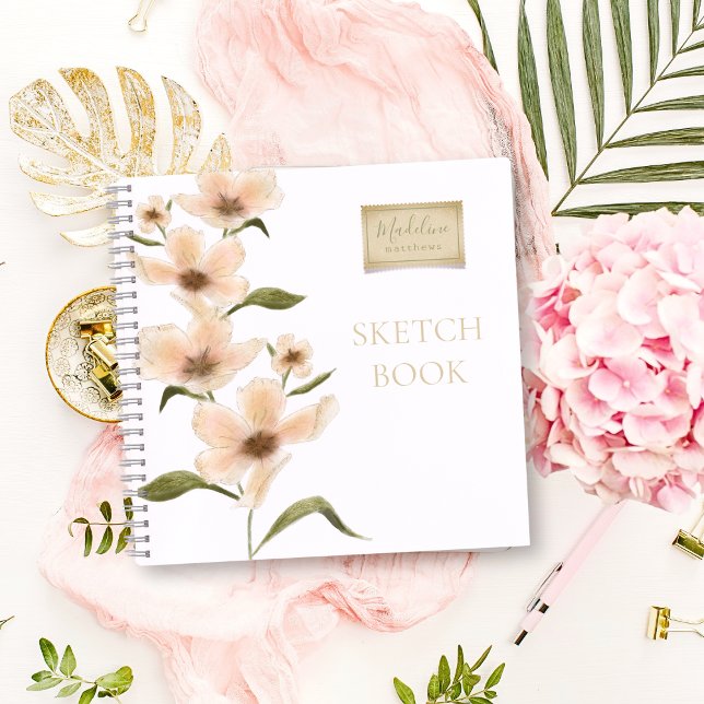 Floral Watercolor Sketchbook Rustic Name Notebook (Elegant monogram name wildflower shabby chic vintage floral stamp sketchbook with script typography.)