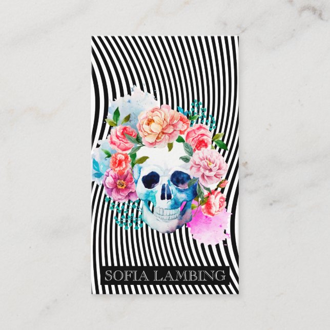 Floral Watercolor Skull With Stripes Business Card (Front)