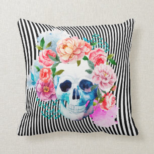 Floral Watercolor Skull With Stripes Throw Pillow
