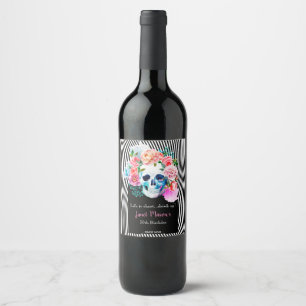 Floral Watercolor Skull With Stripes Wine Label