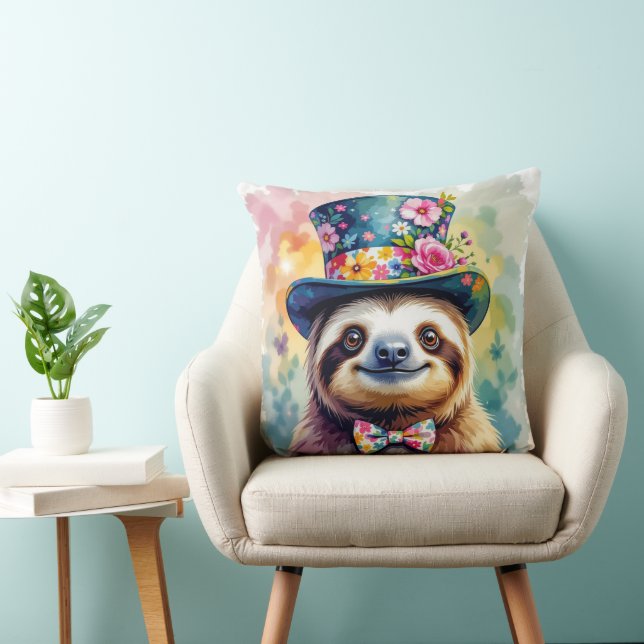 Floral Watercolor Sloths 2 Throw Pillow (Chair)